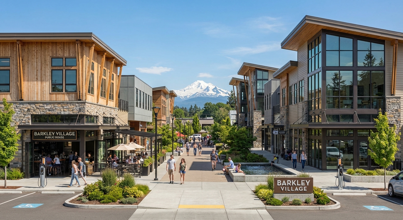 Barkley Village shopping district in Bellingham Washington with Mount Baker views