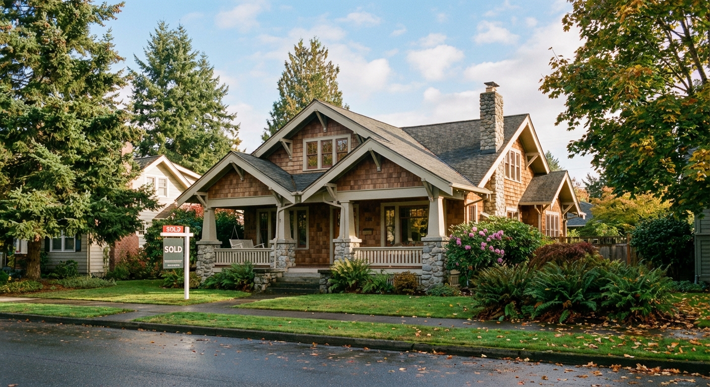 Beautiful craftsman home with SOLD sign in Bellingham Washington neighborhood
