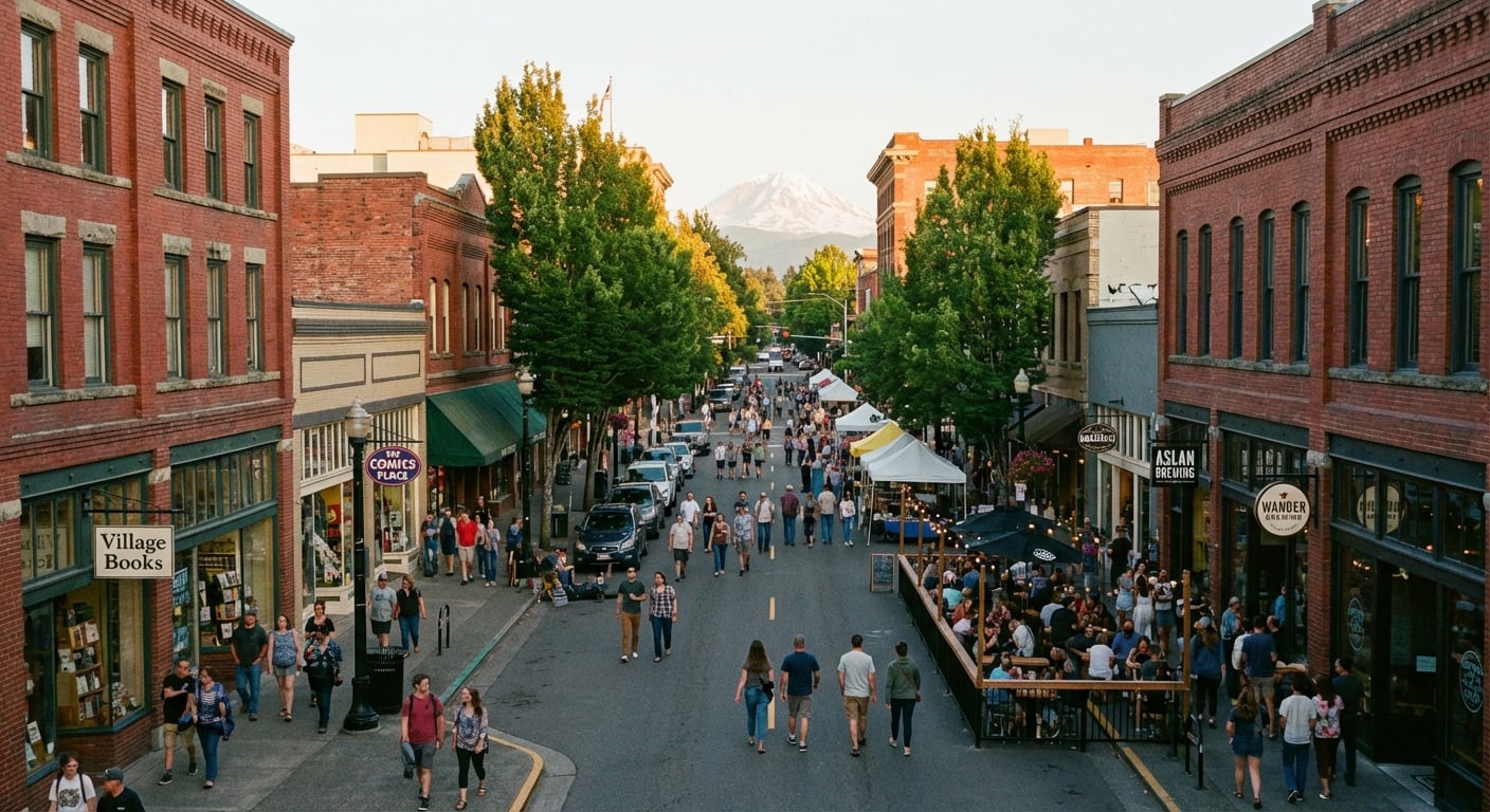 Vibrant downtown Bellingham Washington with shops and breweries