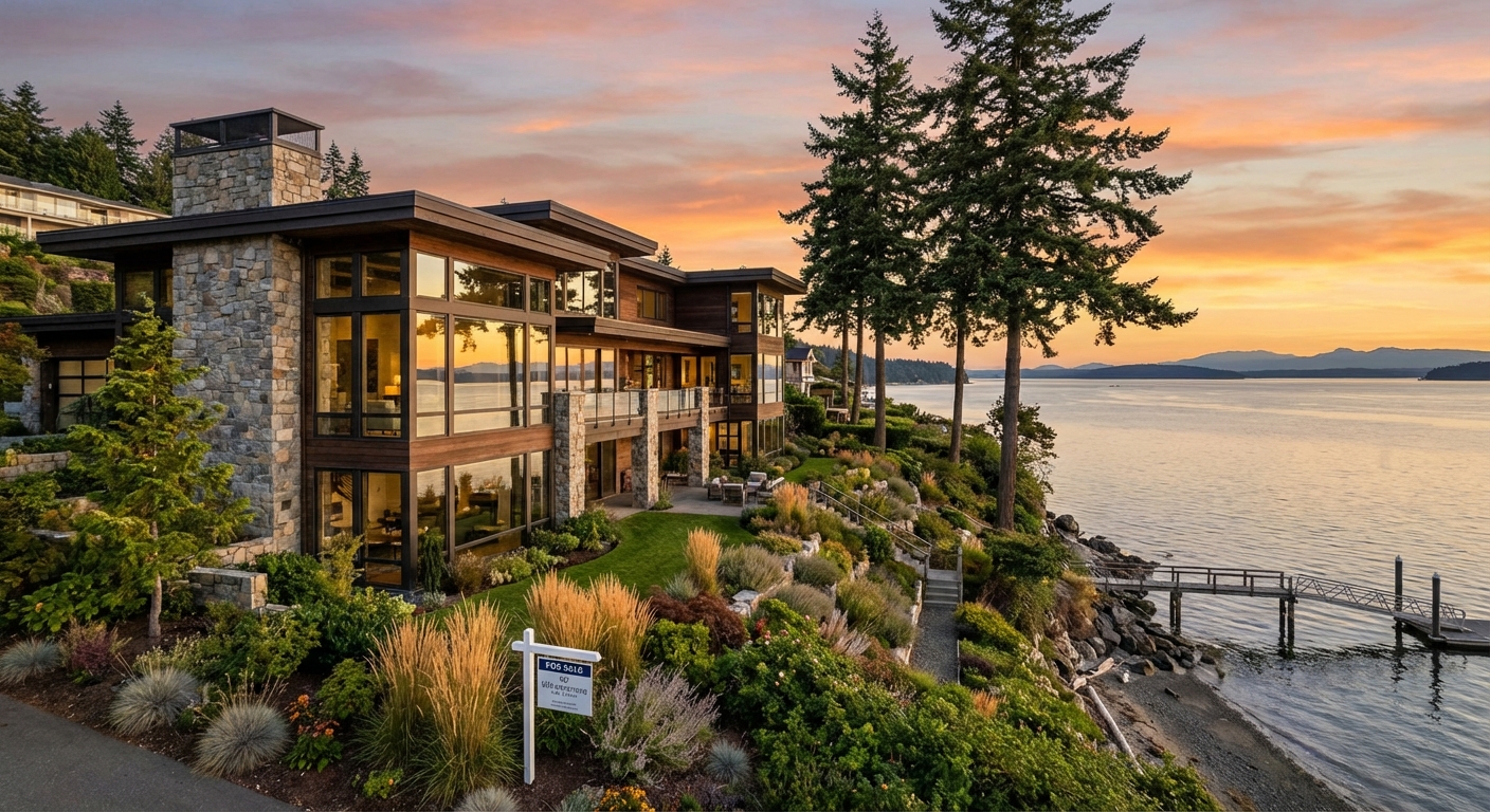 Luxury waterfront home in Edgemoor neighborhood Bellingham Washington with bay views