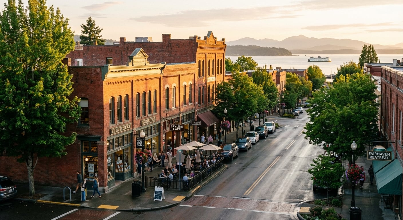 Historic Fairhaven Village in Bellingham Washington with brick buildings and bay views