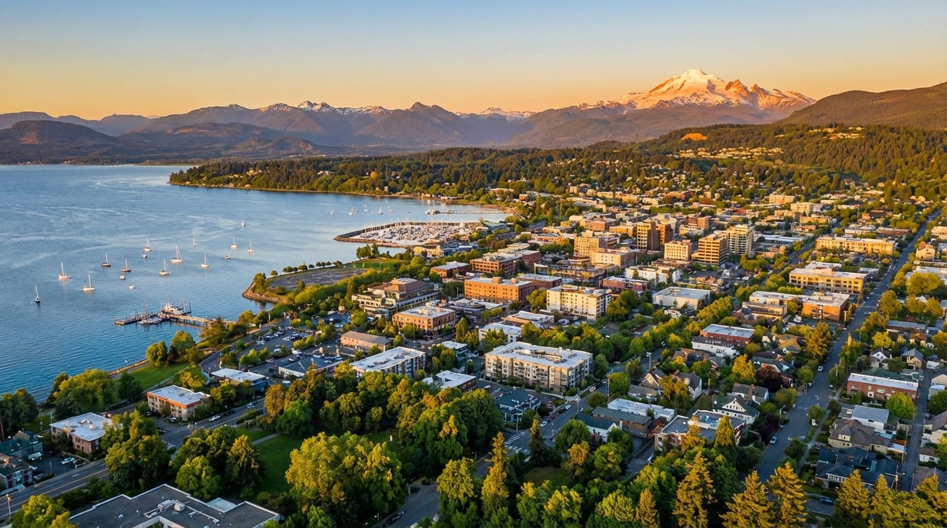 Aerial view of Bellingham Washington at golden hour with Bellingham Bay and Mount Baker