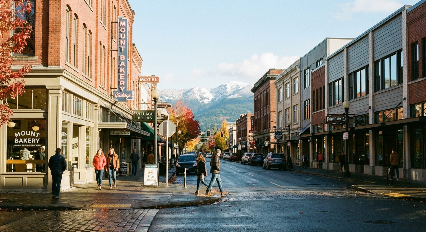 Downtown Bellingham Washington vibrant commercial district with mountain views