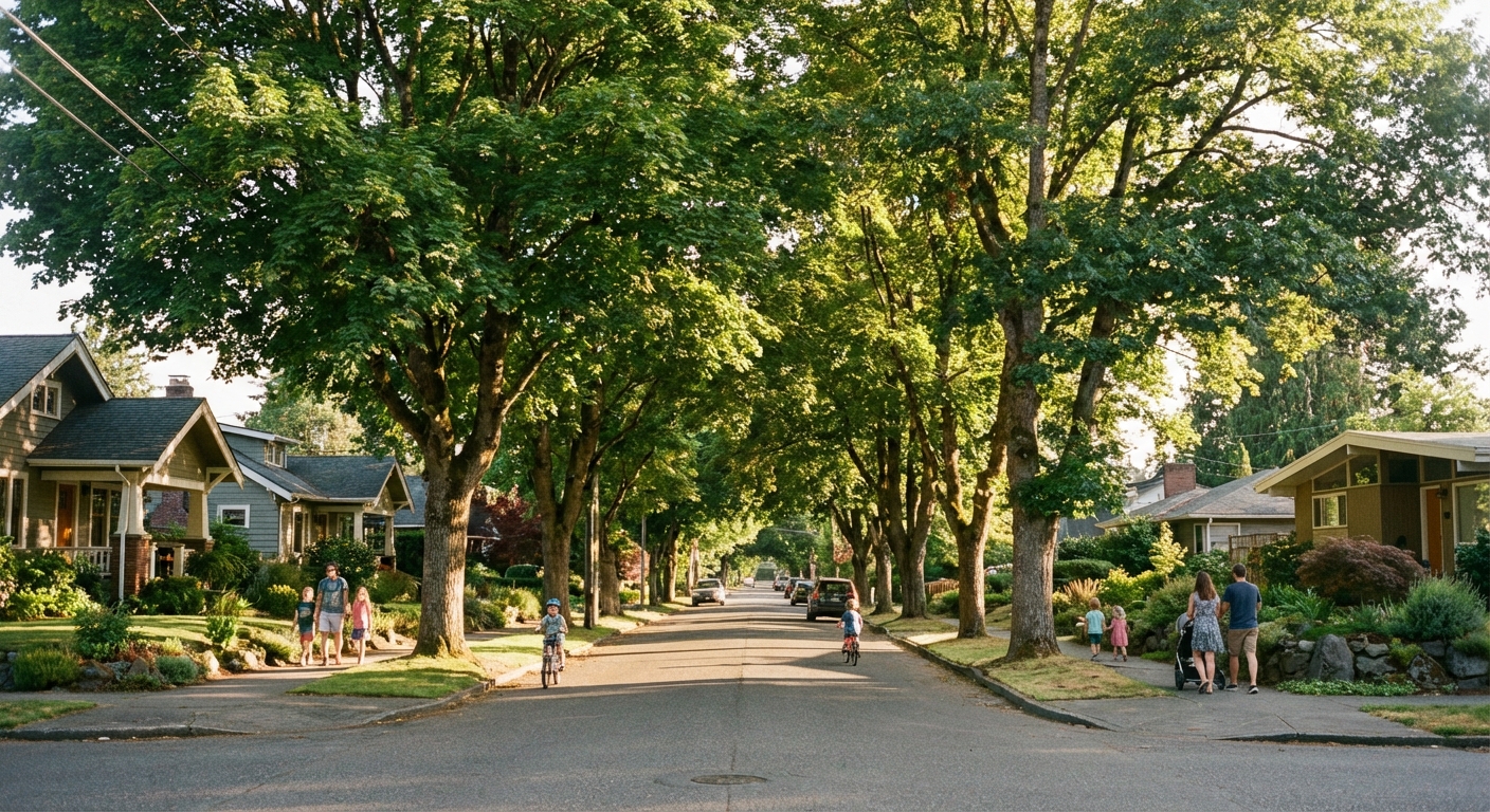 Tree-lined residential street in South Hill neighborhood Bellingham Washington